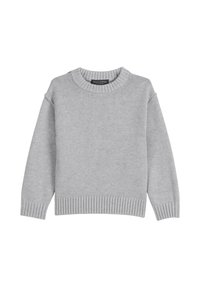 Grauer gestrickter Pullover mit Rundhalsausschnitt, gerippten Bündchen und Saum sowie einer dezenten Textur. Das Etikett ist unter dem Kragen sichtbar.