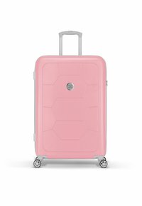 Pink hard-shell suitcase with a textured hexagonal design, silver hardware, extendable handle, and four swivel wheels for mobility.