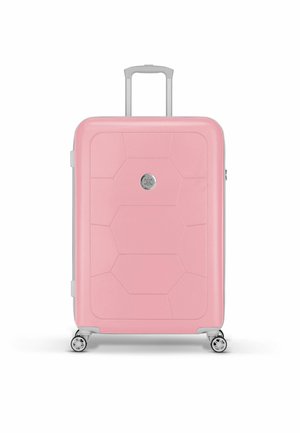 Pink hard-shell suitcase with a textured hexagonal design, silver hardware, extendable handle, and four swivel wheels for mobility.