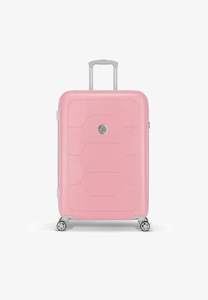Rosa Hartschalenkoffer mit strukturiertem, hexagonalen Design, silbernem Hardware, ausziehbarem Griff und vier schwenkbaren Rädern für Mobilität.