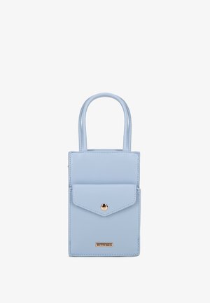 Borsa a tracolla in pelle azzurro chiaro con una texture liscia, dotata di un comparto principale, una tasca frontale con chiusura a scatto e un dettaglio del logo.