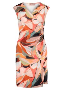 Kwiatowa sukienka z kopertowym krojem i krótkimi rękawami typu cap, w odcieniach pomarańczowego, różowego, zielonego i czarnego, wykonana z lekkiego materiału.