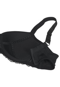 Reggiseno nero con pizzo, spalline regolabili e tessuto morbido. Presenta un design senza cuciture e chiusura con ganci per una vestibilità sicura.