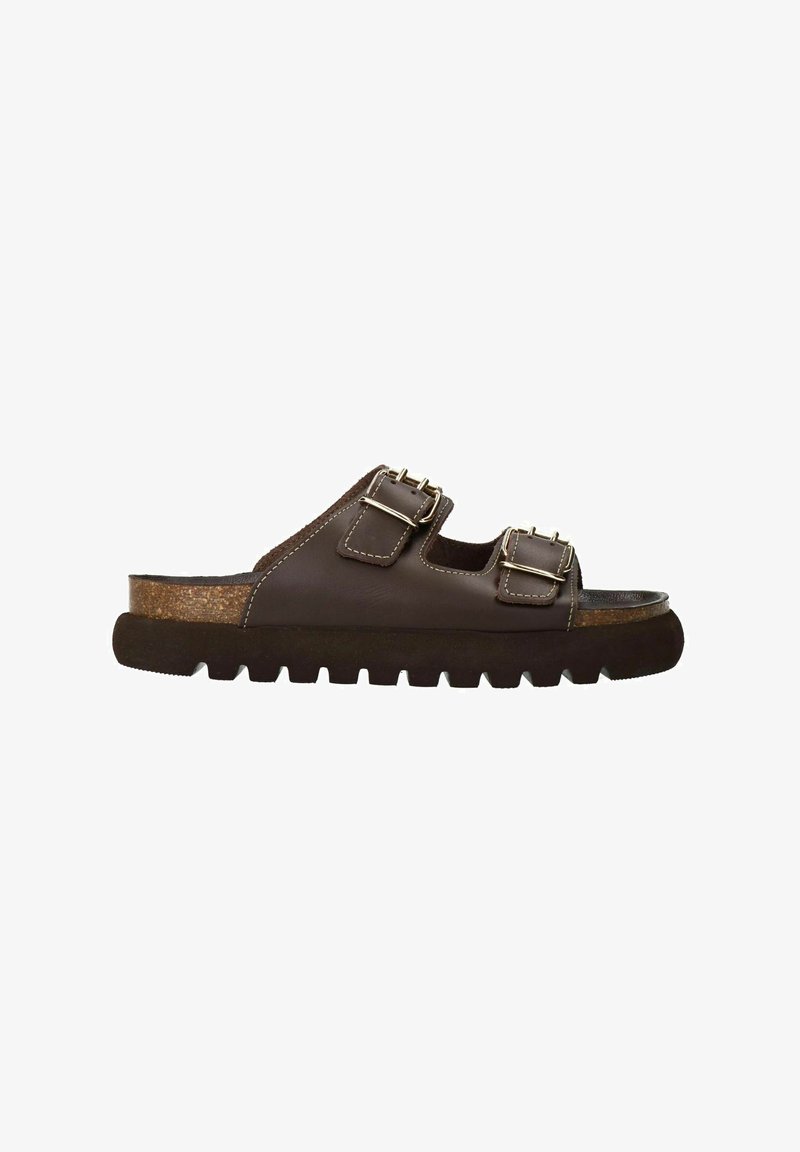 Brown leather slide sandals feature two adjustable buckle straps, a cushioned cork footbed, and a thick, serrated rubber sole.