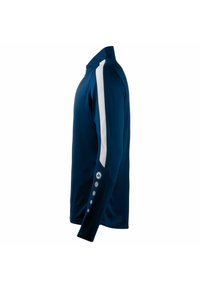 Langarm sportshirt in marineblauw met witte gaasaccenten op de schouders. Voorzien van knoopdetails op de mouwen en een ritskraag.
