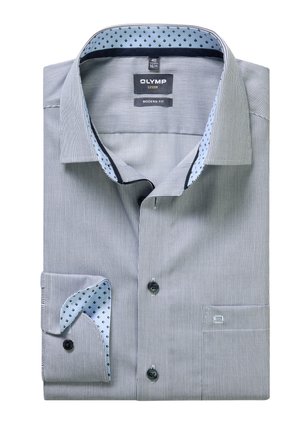 Folded men's modern fit dress shirt with thin vertical stripes, blue patterned inner collar and cuffs, black buttons, and a chest pocket.