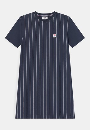 Navy blue jersey dress with white vertical stripes, standard crew neckline, and short sleeves. Features a small Fila logo on the chest.