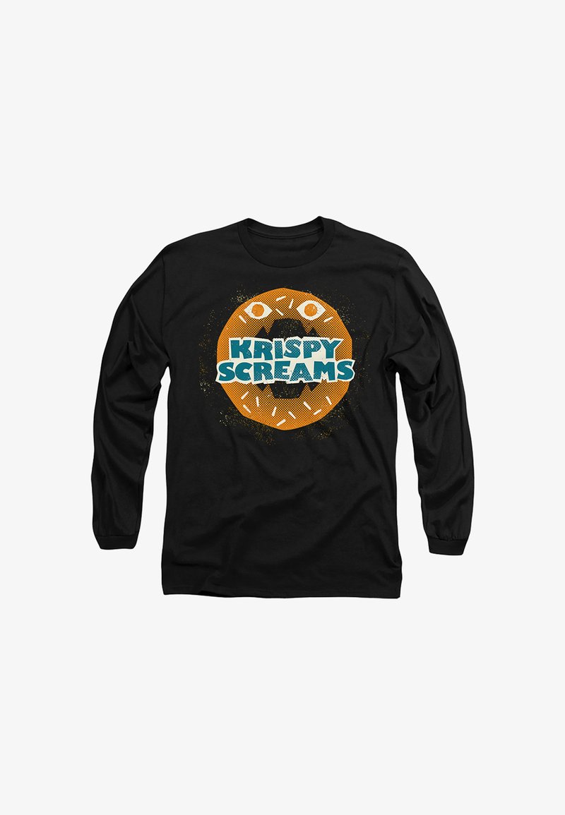 Black long-sleeve shirt with a large orange donut graphic and the text "KRISPY SCREAMS" in blue letters across the center.