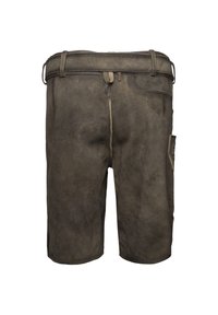 Shorts en cuir marron avec une texture douce, passants de ceinture, détail de couture au dos et une poche sur le côté. Longueur genoux avec une coupe décontractée.