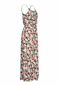 Robe maxi fleurie avec des fleurs multicolores sur fond noir, bretelles spaghetti, taille élastique et silhouette fluide.