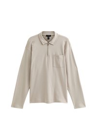 Polo de manga larga beige en tejido suave, con media cremallera en la parte delantera, un cuello y un bolsillo en el pecho, con un corte relajado y dobladillo recto.