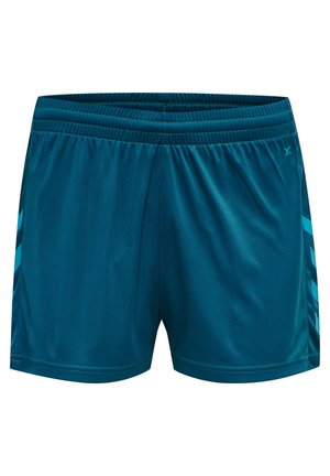 Teal sportshorts met een elastische tailleband, een zachte textuur en zijaccenten in een lichtere blauwe tint. Er zijn geen zichtbare zakken.