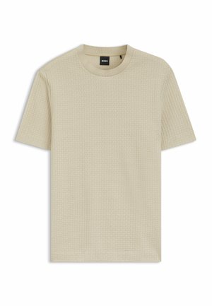 Beiges T-Shirt mit kurzen Ärmeln und Rundhalsausschnitt, feinem strukturiertem Muster und schwarzem "BOSS"-Label am Kragen.