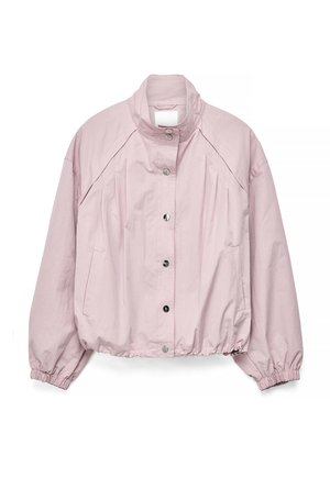 Jasnoróżowa, casualowa kurtka z wysokim kołnierzem, z przodu zapinana na zatrzaski, z elastycznymi mankietami i dolnym brzegiem oraz bocznymi kieszeniami.