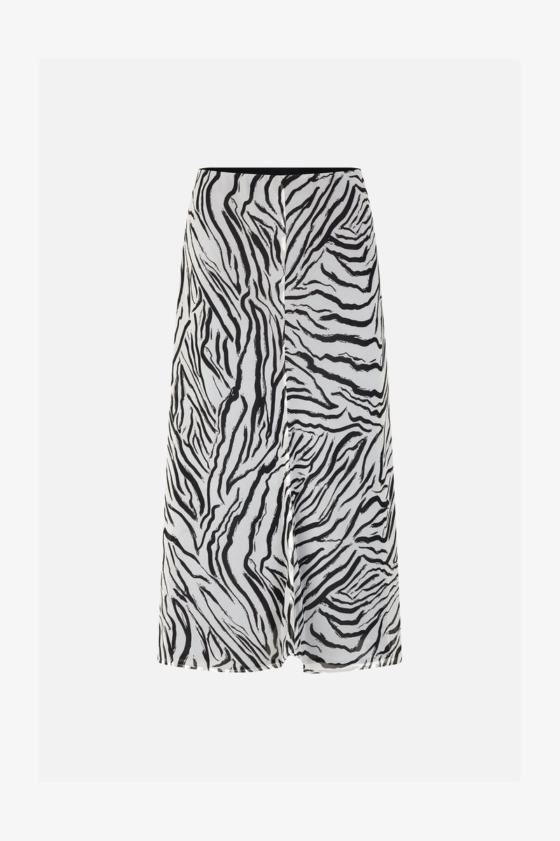 Black and white zebra-patterned skirt with a flowy design, featuring a black waistband and lightweight, textured fabric.
