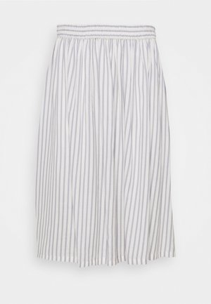 Lichtgewicht katoenen rok met verticale lavendel- en witte strepen, elastische tailleband en vloeiende silhouet. Geen zakken of versieringen.