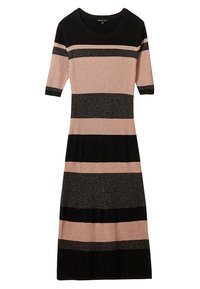 Sukienka dzianinowa z krótkimi rękawami, z teksturą prążkowaną. Pasy w kolorach czarnym, różowym i metalicznym włóknie, tworzące efekt mieszanej wzorzystości.