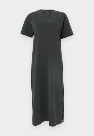 Tumehall, lühikeste varrukatega, pahkluu pikkune T-särgikleit "Barbour International" logoga rinnal ja külje lõhikuga.