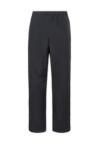 Pantaloni da pioggia neri, leggeri e impermeabili, con vita elastica, taglio dritto e texture liscia, adatti per attività all'aperto.