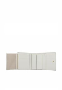 Portafoglio bianco in pelle con finitura texture, dotato di più scomparti per carte, un taschino per monete e una fodera beige chiaro. Accenti in hardware dorato.