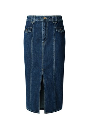 Tumedat sinise tooni denim seelik, millel on esisilma lõige, kaks taskut ja nööpkinne, kaunistatud õmblusdetailidega. 