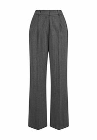 Grijze op maat gemaakte broek met een wijde pijp, voorzien van een subtiel visgraatpatroon, plooien aan de voorkant en een gladde textuur.