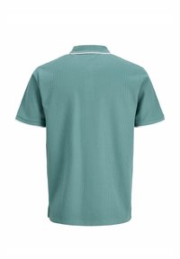 Žvilgsnis iš nugaros į turkio spalvos polo marškinėlį trumpomis rankovėmis su baltais apvadais ant apykaklės ir rankovių kraštų, lygio rašto audinys.