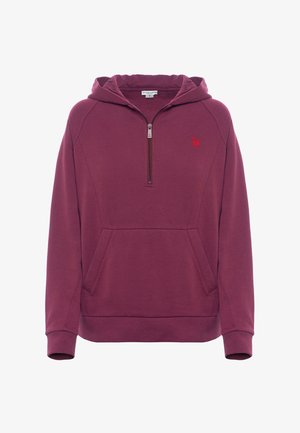 Felpa bordeaux con cappuccio, chiusura a metà zip sul davanti, tasca a marsupio, polsini a coste e logo ricamato sul lato sinistro del petto.