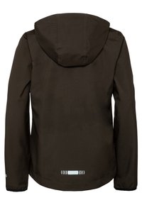 Donkerbruine jas met capuchon, gezien van achteren met lange mouwen en een kleine reflecterende strook vlak bij het midden onderaan.