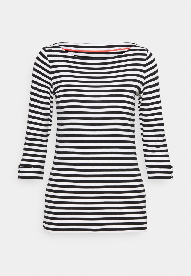 Gestreiftes Langarmshirt in Schwarz und Weiß mit Rundhalsausschnitt und umgeschlagenen Ärmeln, aus weichem Stoff gefertigt. Verfügt über einen roten Akzent am Ausschnitt.