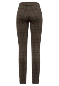 Rutmönstrade byxor i mörkgrön, med slim fit, hög midja och ett subtilt rutmönster med burgundyröda accenter.