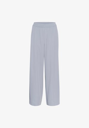 Lichtblauwe wijde broek met een elastische tailleband, gemaakt van een zachte stof met subtiele zijnaad en geen zichtbare zakken.