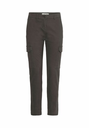 Mørke cargo-bukser laget av bomullsblanding. Egenskaper inkluderer to side-lommer, slim fit, og knappelukk. Glatt, matt tekstur.