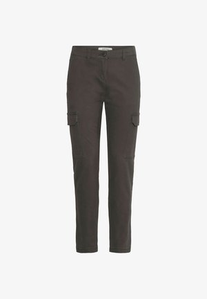 Pantalons cargo noirs en mélange de coton. Comprend deux poches latérales, une coupe slim et une fermeture à bouton. Texture lisse et mate.