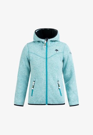 Mėlynosios vilnos striukė su kapišonu, kontrastingomis juodomis detalėmis, priekyje užtrauktukas ir dvi užtrauktukais uždarytos kišenės su dekoratyviniais traukikliais.