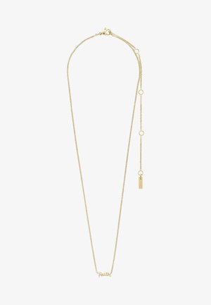 Guldtonet halskæde med en kæde og en "Faith" vedhæng samt et lille rektangulært tag, der fremhæver et delikat design og en glat tekstur.