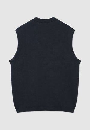 Marineblauer ärmelloser Strickpullover mit rundem Ausschnitt, mit glatter Textur und gerippter Saum. Einfaches Design, keine sichtbaren Muster oder Verzierungen.