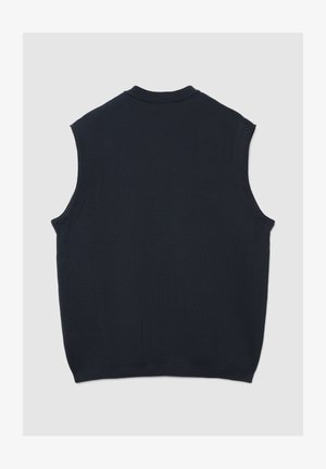 Marineblauer ärmelloser Strickpullover mit rundem Ausschnitt, mit glatter Textur und gerippter Saum. Einfaches Design, keine sichtbaren Muster oder Verzierungen.