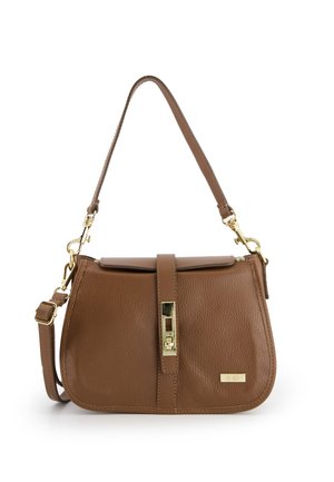 Brown leather handbag with a structured design, gold hardware, a front clasp, and an adjustable strap. Features a smooth, textured surface.