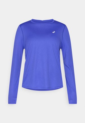 Long-sleeve athletic shirt in bright blue, made from textured, breathable fabric. Features a crew neckline and a small logo on the chest.