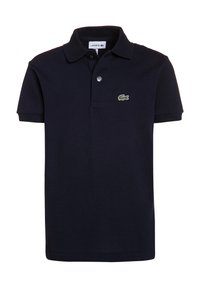 Polo shirt blu navy realizzato in tessuto testurizzato, con colletto classico, pattina con tre bottoni e piccolo logo di coccodrillo verde sul petto.