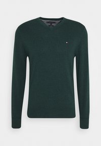 Pull à manches longues vert foncé avec un col en V, petit logo rouge, blanc et bleu sur la poitrine gauche, poignets et ourlet côtelés.