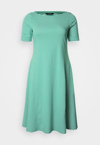 Zöld-fehér csíkos, rövid ujjú ruha környakú kivágással. Puha anyagból készült, bővülő szoknyarészsel és oldalzsebekkel.