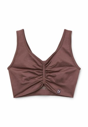 Brown crop top featuring a gathered front design, soft fabric, wide shoulder straps, and a logo tag at the bottom.