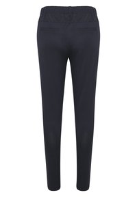 Navyblå elastisk midjebandbyxor med slim fit, med två bakfickor och ett mjukt, lätt tyg.