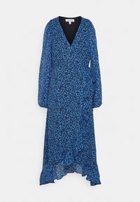 Modrá šaty s přiléhavým živůtkem a dlouhými balónovými rukávy, vyrobené z lehkého materiálu s černým květinovým vzorem, asymetrický lem.