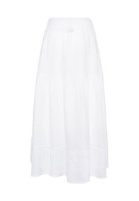 Gonna maxi bianca a strati in tessuto leggero. Presenta una vita arricciata per il massimo comfort e una silhouette fluida.