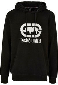 Sort hættetrøje med et stort hvidt grafisk logo med en stiliseret næsehorn. Materialet er blødt, med snøre og en kengurulomme.
