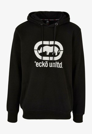 Fekete kapucnis pulóver, amelyen egy nagy fehér grafikus logó látható stilizált orrszarvúval. Az anyag puha, zsinórral rendelkezik, és kenguru zsebe van.