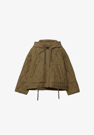 Olive green quilted jacket with hood, front pockets, snap button closure, drawstrings at hem and neck, and long sleeves.